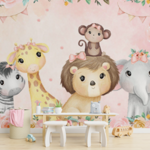 Ilustração aquarela de animais do safari com leão, girafa, zebra, elefante e macaco