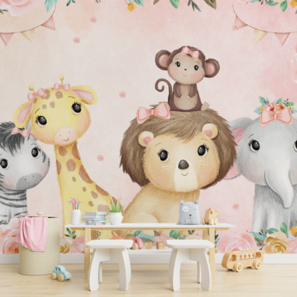 Ilustração aquarela de animais do safari com leão, girafa, zebra, elefante e macaco