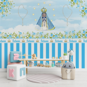 Papel de parede temático devocional, com nome personalizado e elementos sagrados em tons suaves.