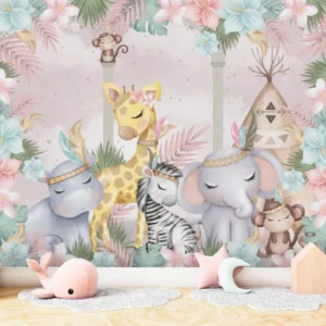 Papel de parede infantil com girafa, elefante, zebra e hipopótamo em um cenário boho com flores e folhagens.