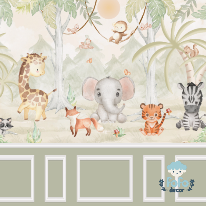 Design de papel de parede infantil com bichinhos da selva em um estilo delicado e aconchegante.