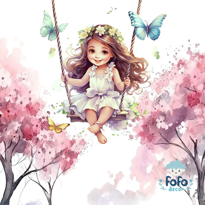 Papel de parede infantil com menina sorridente em um balanço com cenário floral