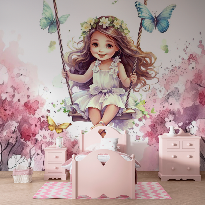 Ilustração aquarela de menina encantada no balanço cercada por borboletas e flores