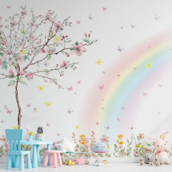 Painel decorativo delicado com flores, borboletas e tons pastéis para um ambiente encantador.