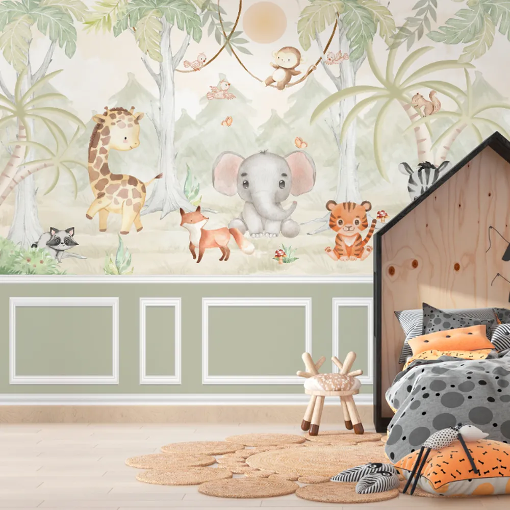 Papel de parede infantil com animais fofos da selva em tons suaves e aquarela.