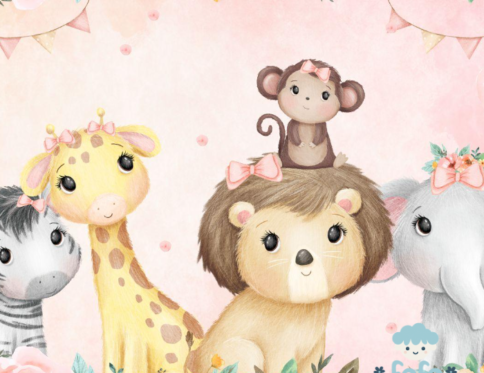Ilustração aquarela de animais do safari com leão, girafa, zebra, elefante e macaco
