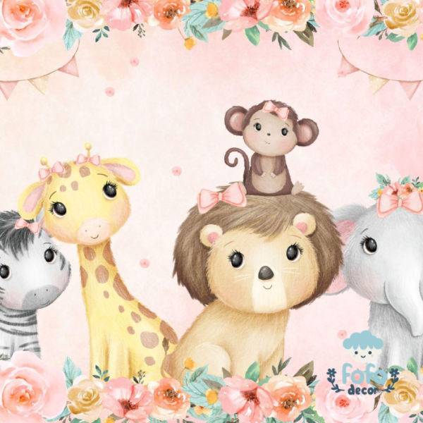 Ilustração aquarela de animais do safari com leão, girafa, zebra, elefante e macaco