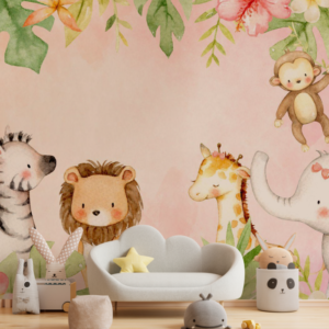 Ilustração aquarela de animais do safari com leão, girafa, zebra, elefante e macaco em meio a folhagens tropicais