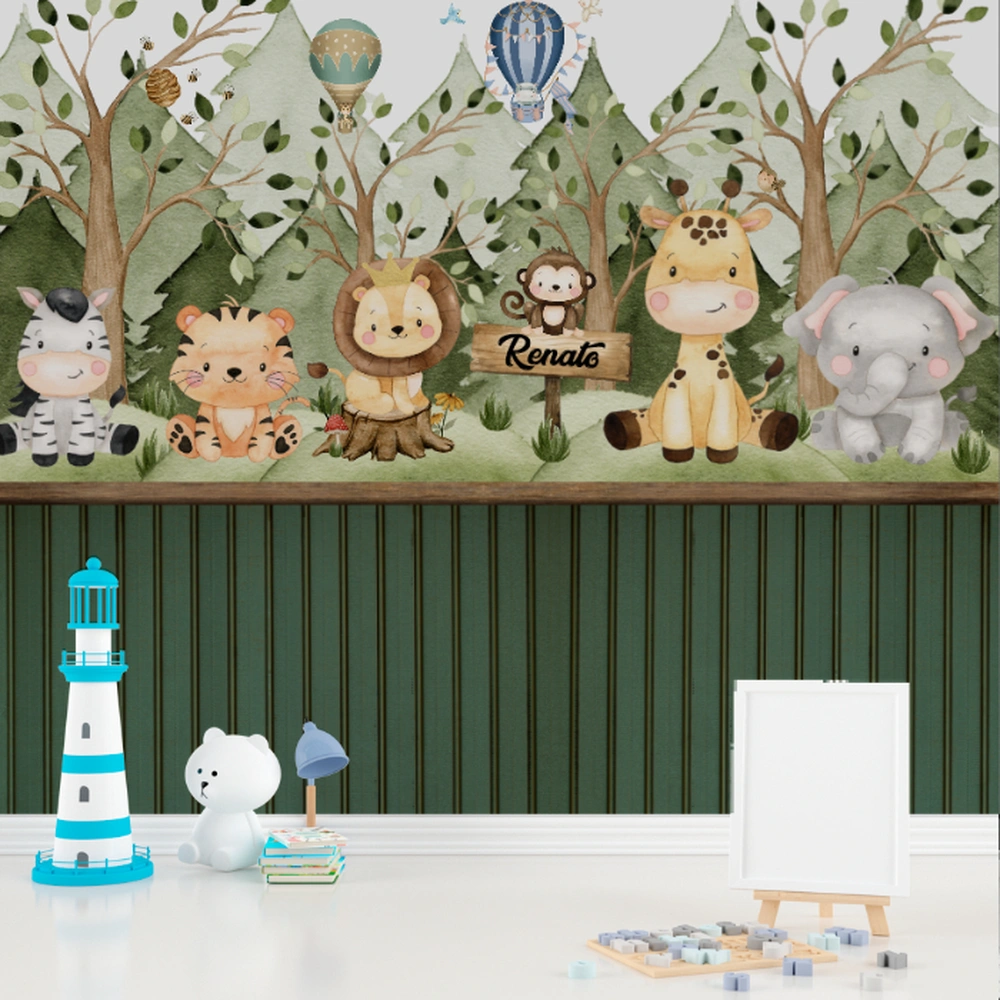 Papel de parede infantil com animais da selva, fundo verde e nome "Renato" personalizado.