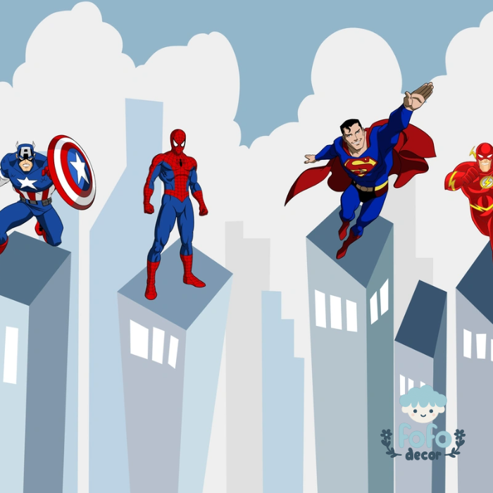 Papel de parede infantil com heróis inspirados em quadrinhos sobre prédios em uma cidade moderna.