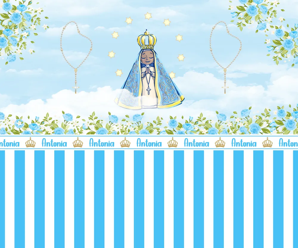 Papel de parede infantil com ilustração mariana, terços em formato de coração e flores azuis.