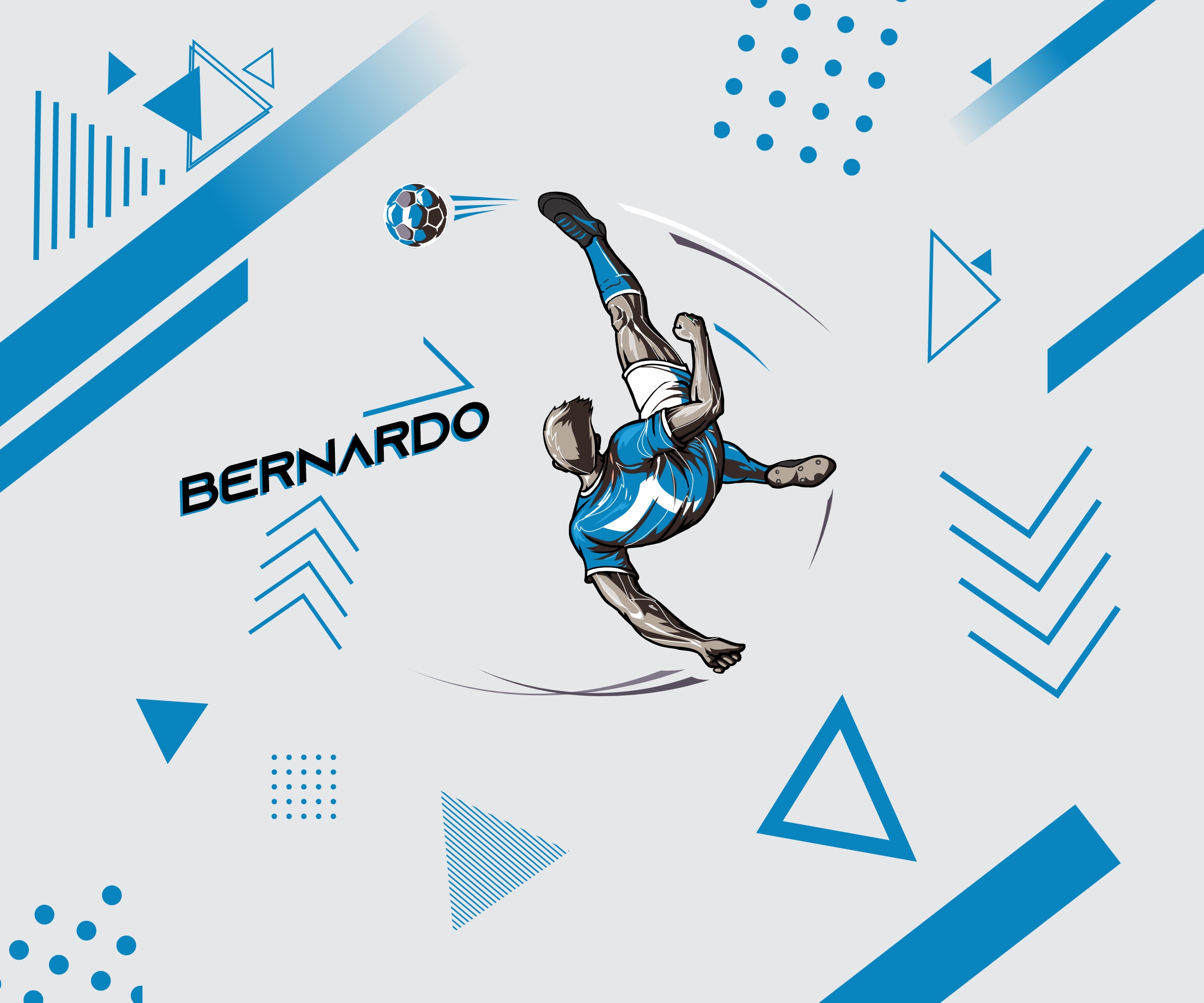 Design infantil com atleta de futebol, formas geométricas e cores azul e branca em destaque.