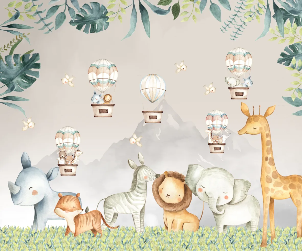 Painel Safari Aquarela com Animais em Balões