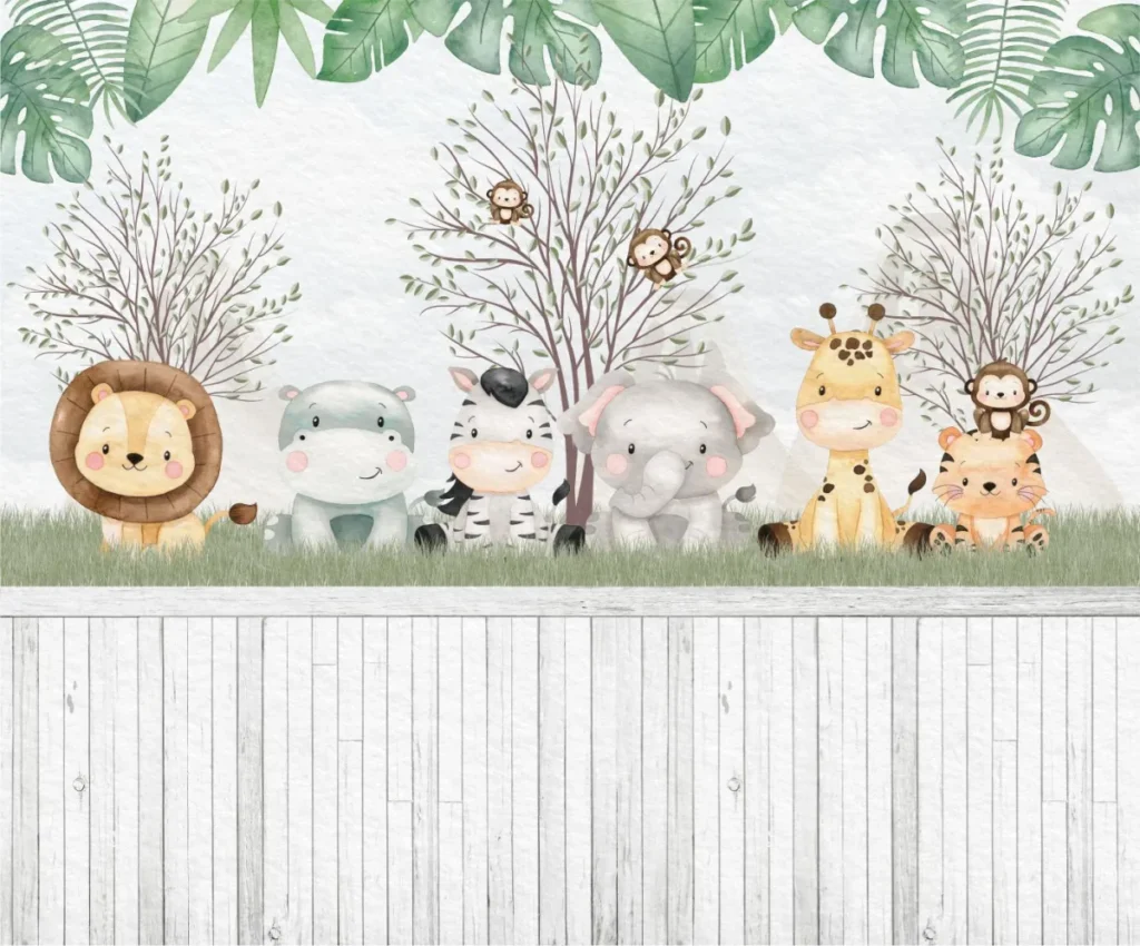 Painel Safari Fofo com Bichinhos Aquarela