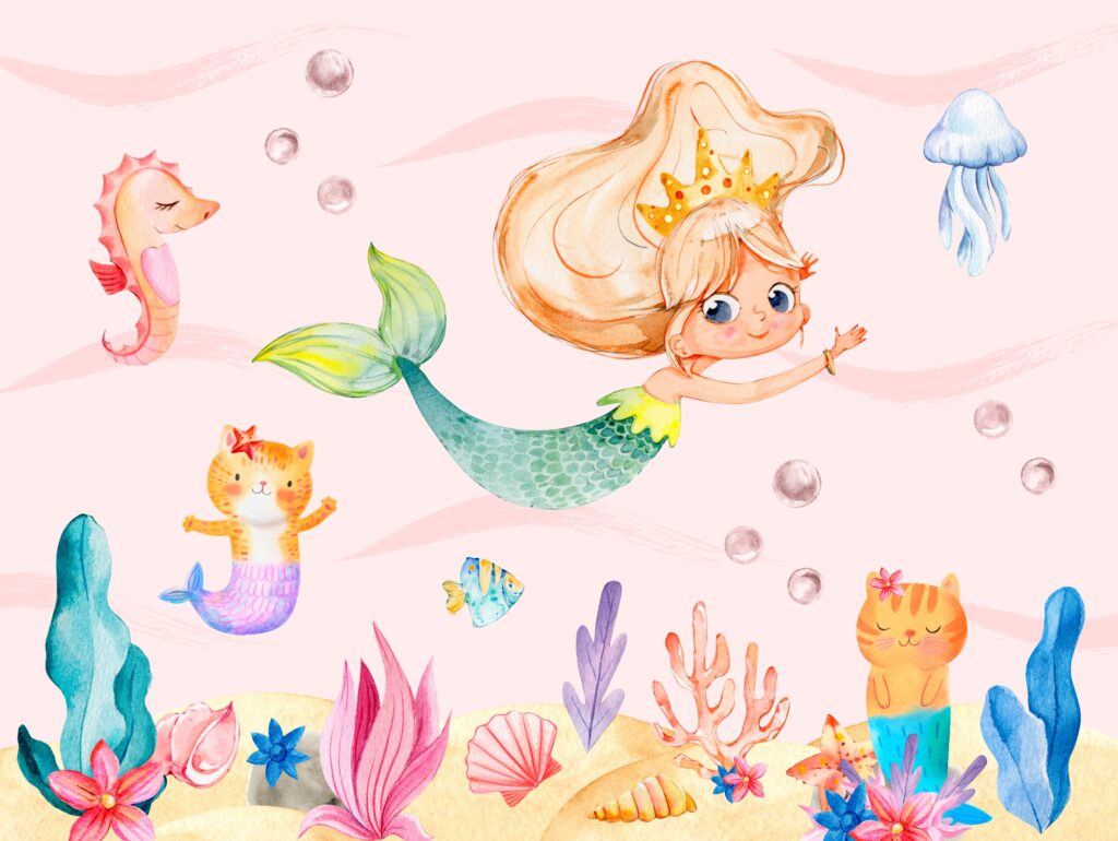 Painel Sereia com Gatinhos Sereia em Aquarela