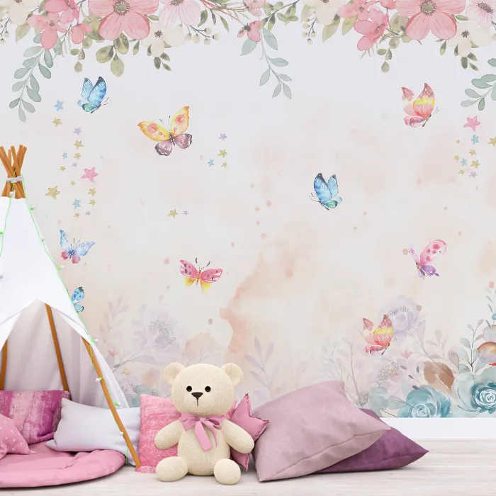 Papel de Parede Aquarela Floral com Borboletas Delicadas