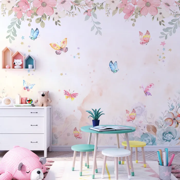 Papel de Parede Aquarela Floral com Borboletas Delicadas