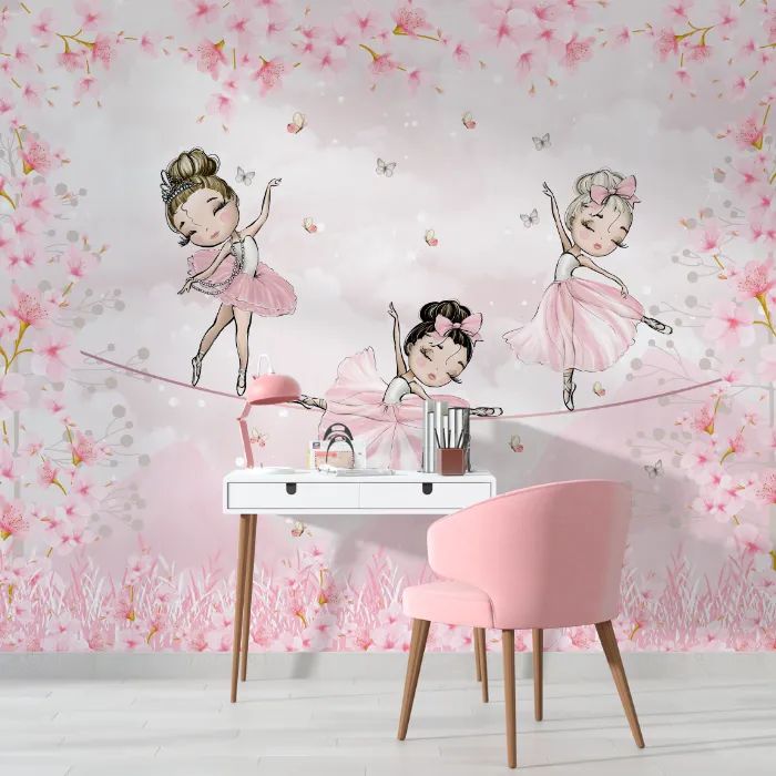 Papel de Parede Bailarinas Delicadas com Flores de Cerejeira