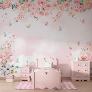 Papel de Parede Céu Rosê com Flores e Borboletas em Aquarela