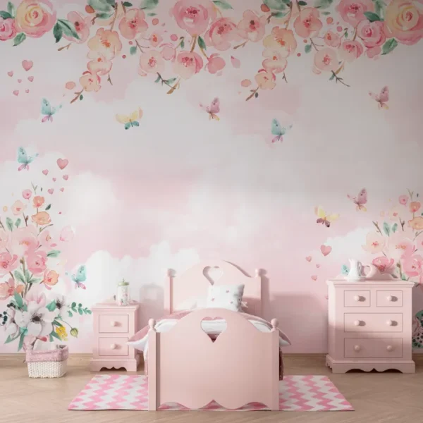 Papel de Parede Céu Rosê com Flores e Borboletas em Aquarela