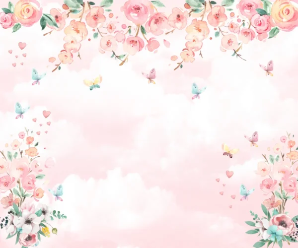 Papel de Parede Céu Rosê com Flores e Borboletas em Aquarela
