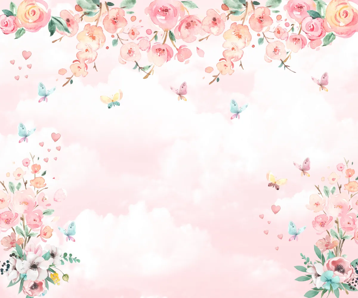 Papel de Parede Céu Rosê com Flores e Borboletas em Aquarela