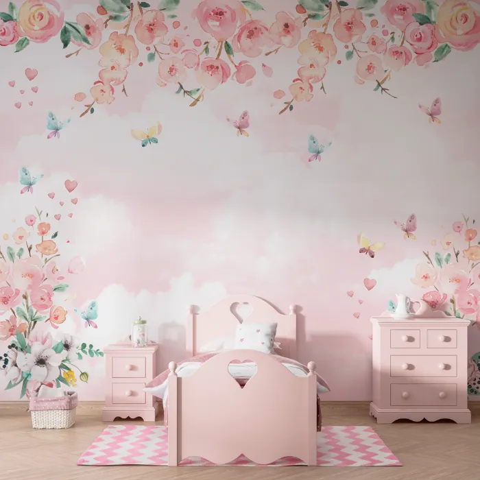Papel de Parede Céu Rosê com Flores e Borboletas em Aquarela