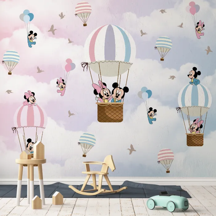 Papel de Parede Infantil Balões Mágicos com Mickey e Minnie
