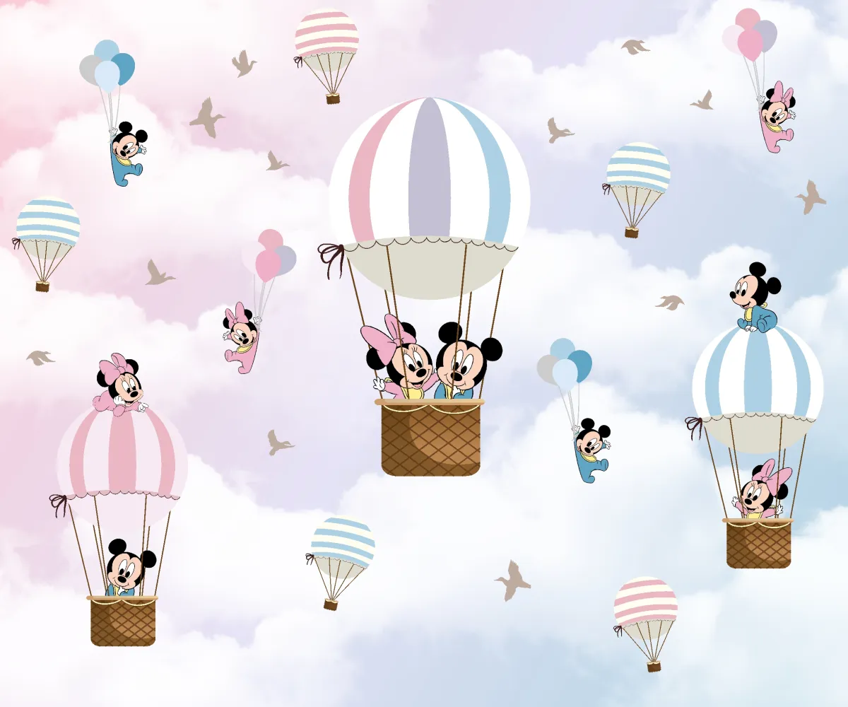 Papel de Parede Infantil Balões Mágicos com Mickey e Minnie