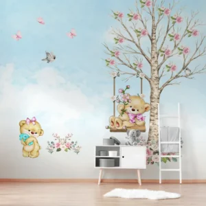 Papel de Parede Ursinhos no Balanço com Flores