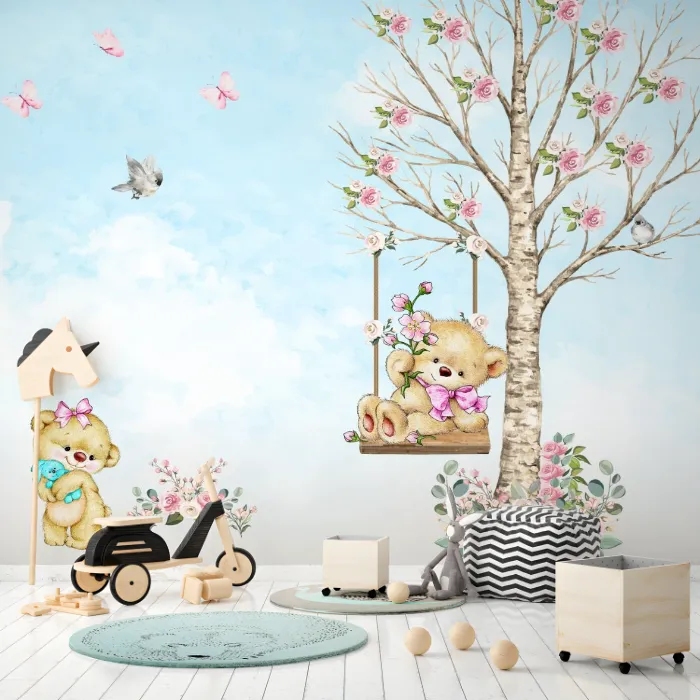 Papel de Parede Ursinhos no Balanço com Flores