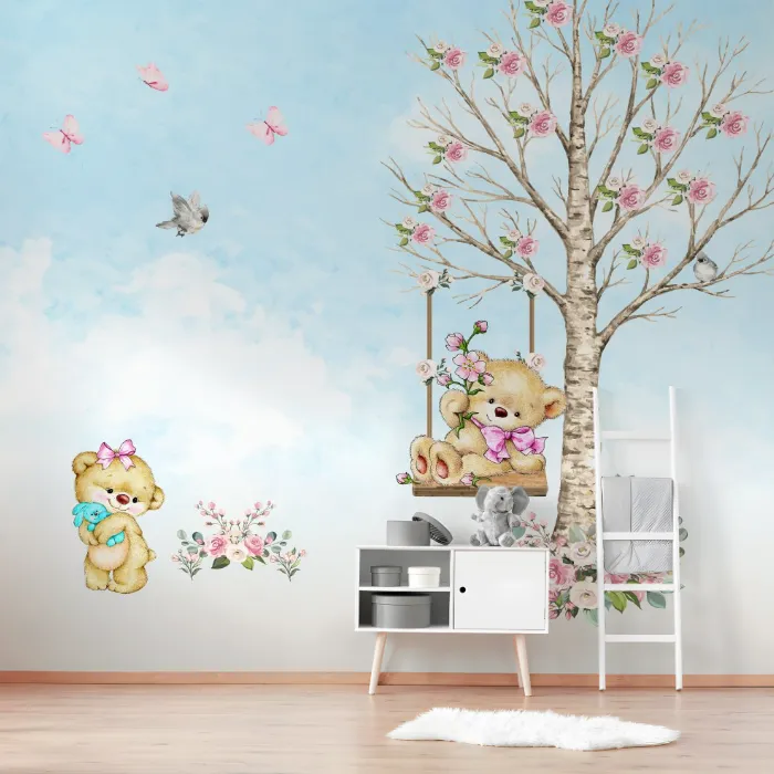 Papel de Parede Ursinhos no Balanço com Flores