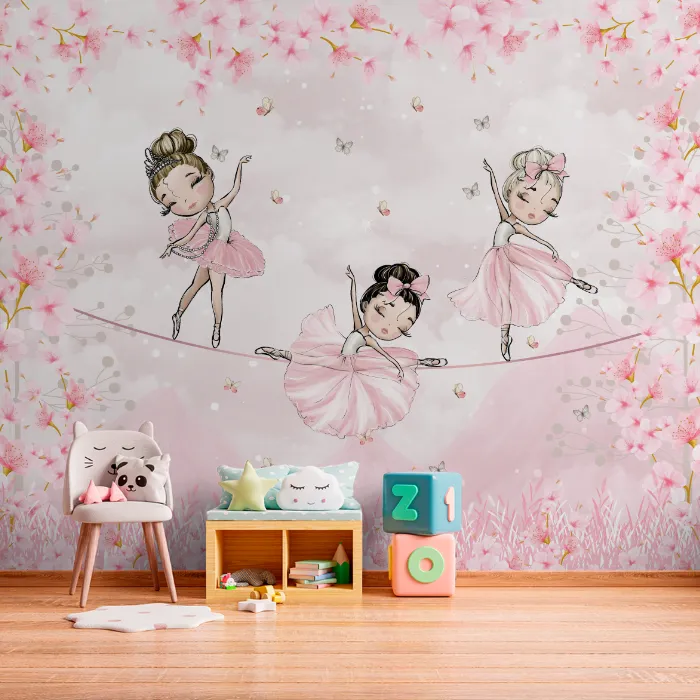 Papel de Parede Bailarinas Delicadas com Flores de Cerejeira