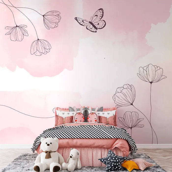 Papel de Parede Floral Delicado com Borboleta