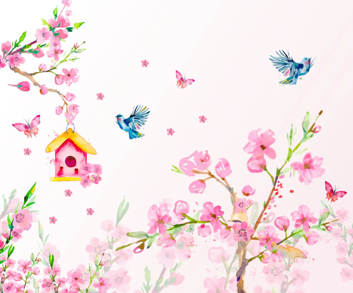 Papel de Parede Aquarela Floral com Pássaros e Borboletas