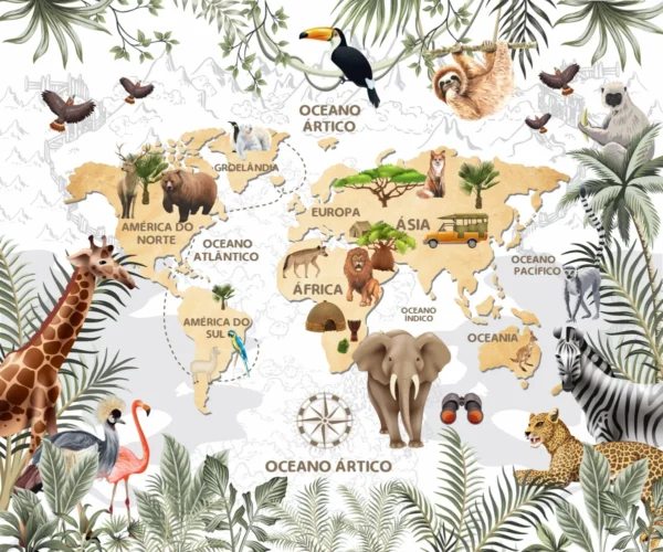 papel de parede mapa mundi infantil safari