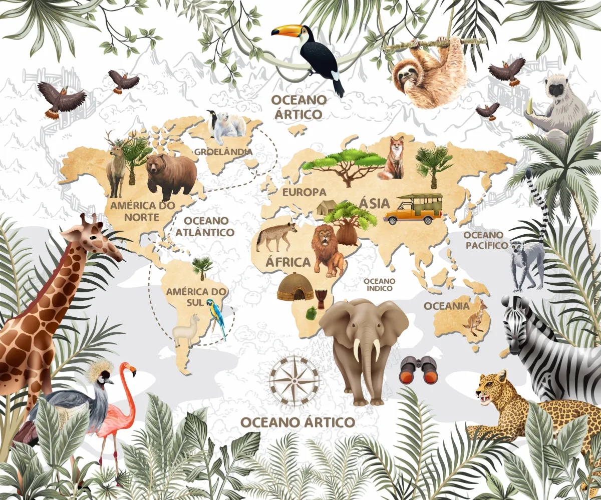 papel de parede mapa mundi infantil safari