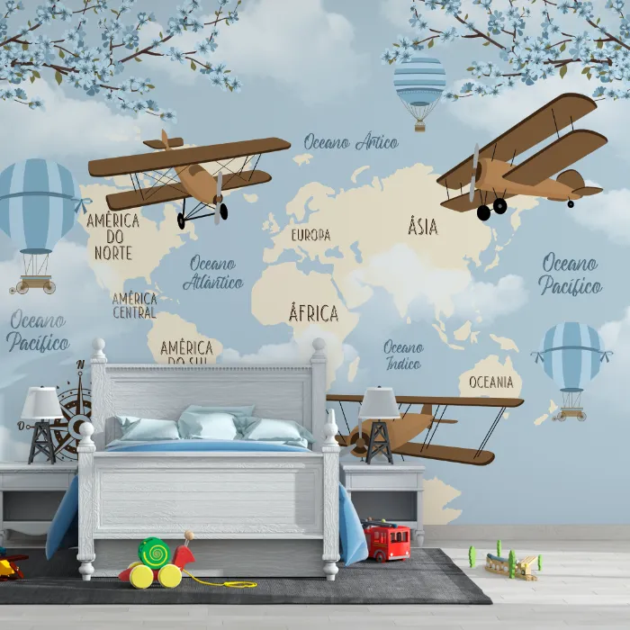Papel de Parede Mapa Mundi Infantil com Aviões e Balões