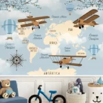 Papel de Parede Mapa Mundi Infantil com Aviões e Balões