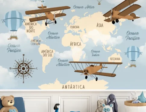 Papel de Parede Mapa Mundi Infantil com Aviões e Balões