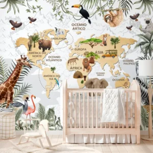 papel de parede mapa mundi infantil safari
