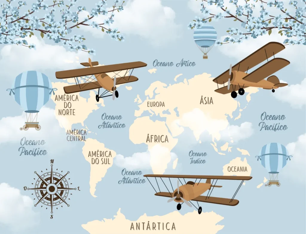 Papel de Parede Mapa Mundi Infantil com Aviões e Balões