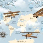Papel de Parede Mapa Mundi Infantil com Aviões e Balões