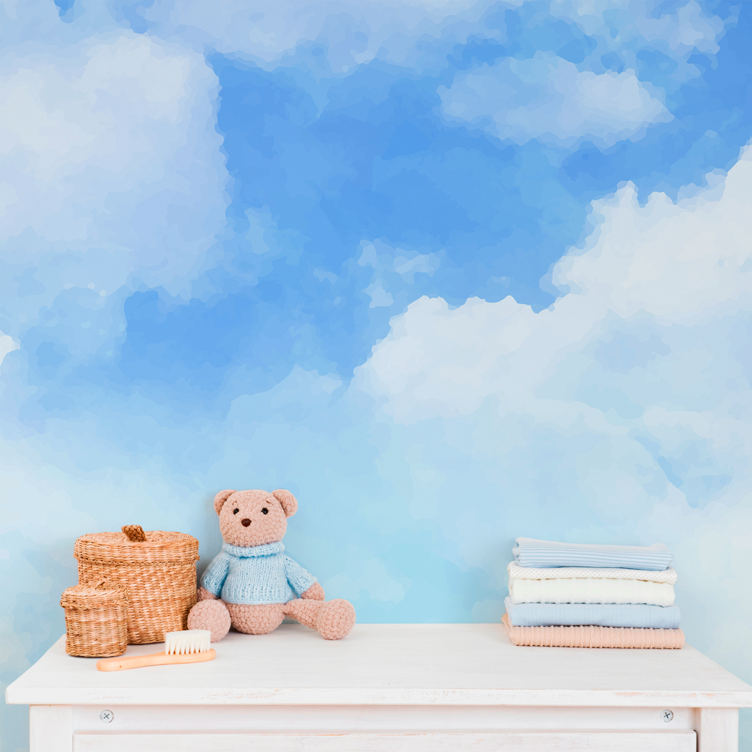 Design sereno com fundo azul e nuvens suaves para criar uma atmosfera tranquila