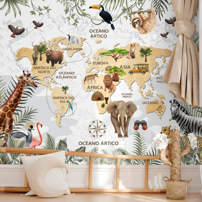 papel de parede mapa mundi infantil safari