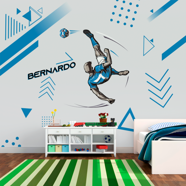 Arte esportiva com nome Bernardo e jogador em movimento acrobático chutando bola no ar.