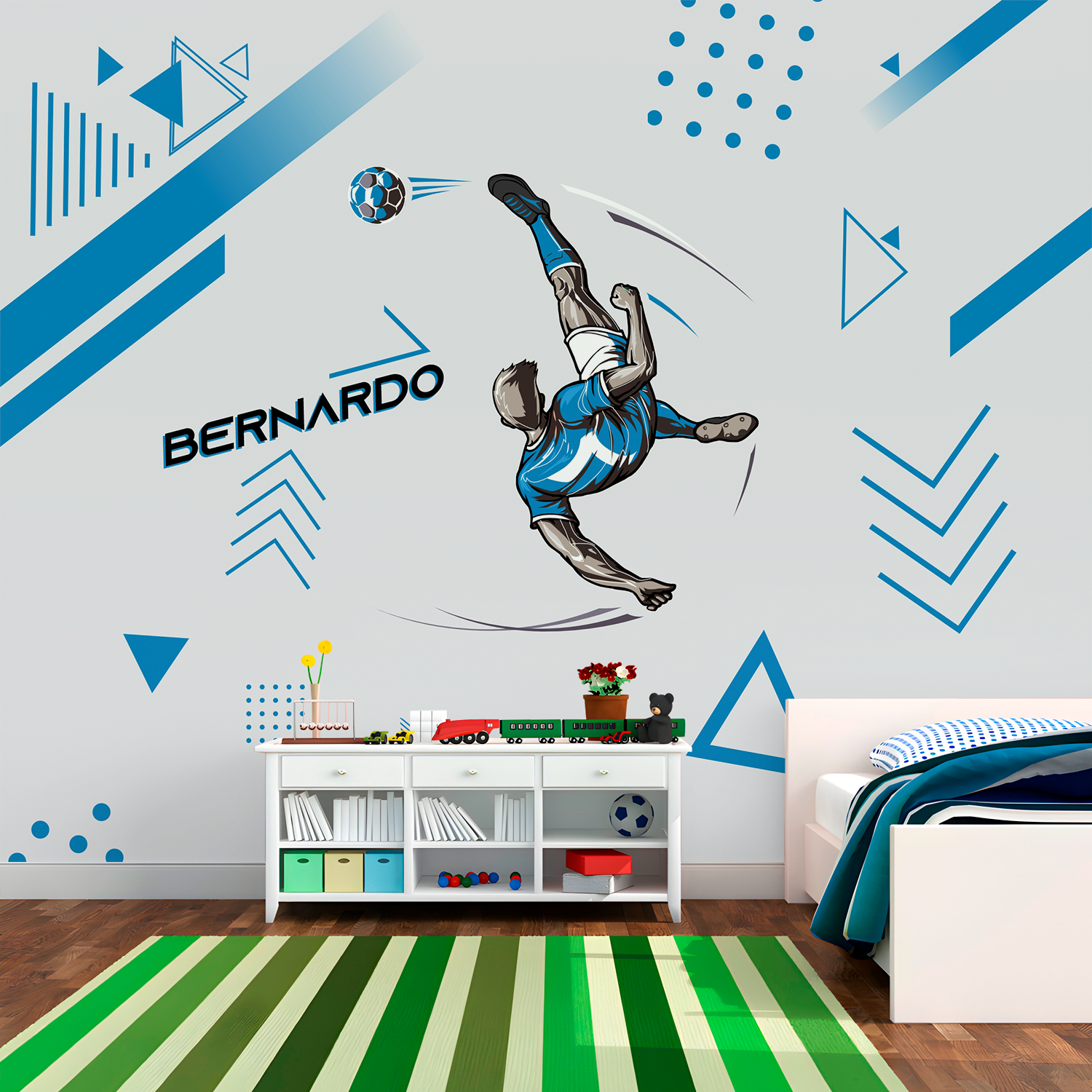 Arte esportiva com nome Bernardo e jogador em movimento acrobático chutando bola no ar.