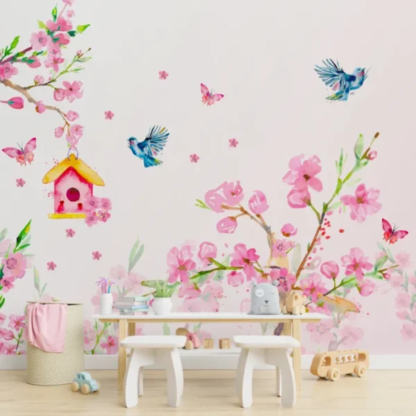 Papel de Parede Aquarela Floral com Pássaros e Borboletas