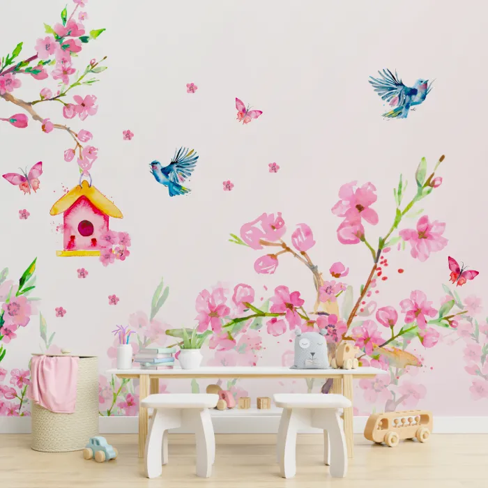 Papel de Parede Aquarela Floral com Pássaros e Borboletas