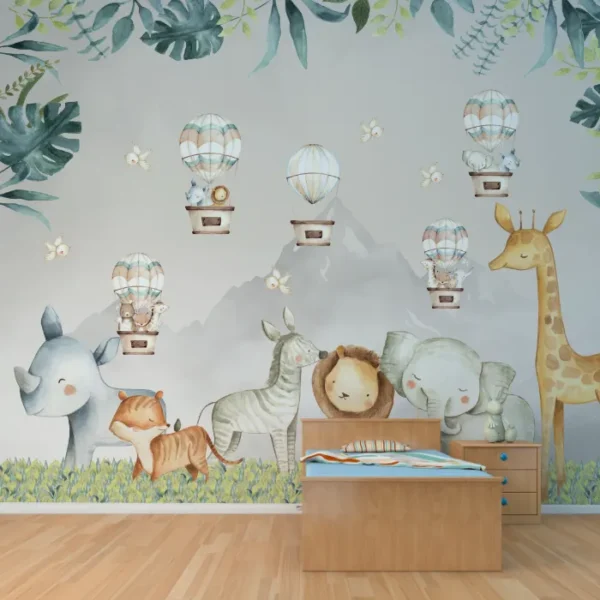 Painel Safari Aquarela com Animais em Balões